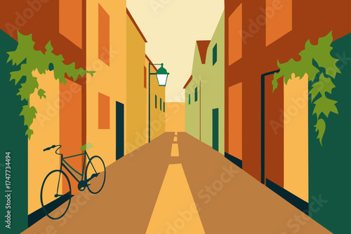 A street view with a bicycle and buildings on sides