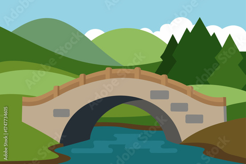Illustration of a bridge over a river landscape view
