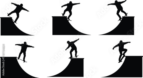 Silhouette of skateboarder performing tricks on half pipe ramp, extreme sport, balance skill, urban lifestyle, skateboarding action concept illustration