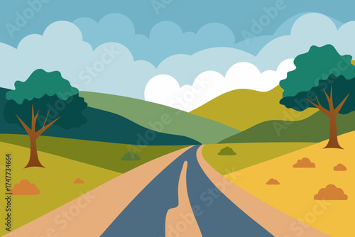 Road landscape with trees and hills in the background