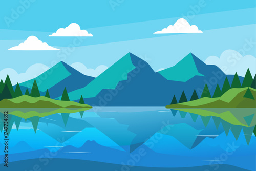 Landscape view of mountains lake and cloudy sky art