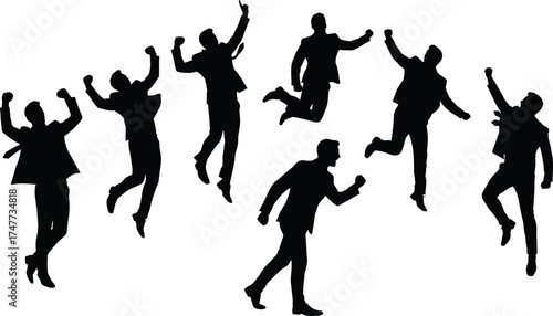 Jumping businessman silhouettes celebrating success and achievement in corporate environment, expressing motivation, joy, teamwork, leadership, and professional energy