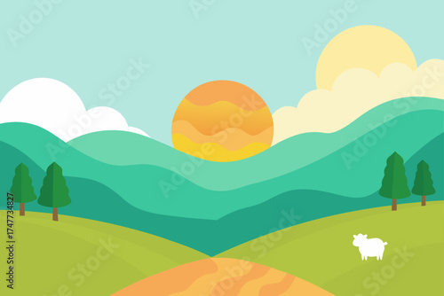 Landscape illustration with sun hills and sheep art
