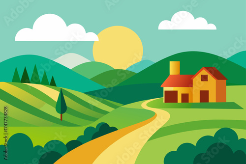 Illustration of house in countryside with sun and hills