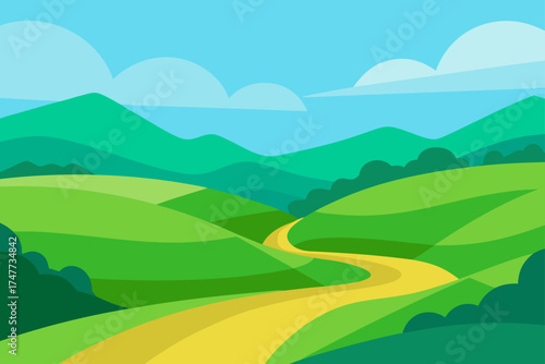 Illustration of a winding road through green hills