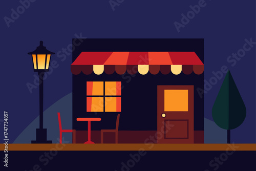 A cafe with a table and chairs at night time scene