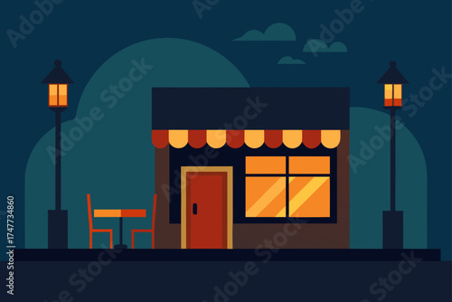 A cafe at night with lights and outdoor seating