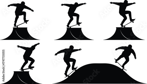Silhouette of skateboarder performing tricks on ramp, skateboarding action, urban extreme sport, balance motion, skatepark lifestyle, jump illustration design