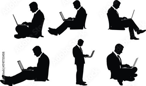 Businessperson laptop silhouette vector, seated and standing poses, remote work concept, digital lifestyle, posture study, cad drawing flat vector illustration
