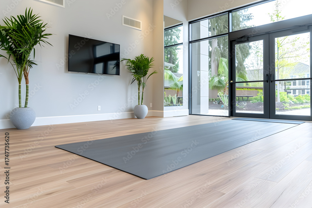 Fototapeta premium Find your zen in this calming studio space with yoga mat, perfect for fitness promotions and wellness campaigns with light wood floor and natural light