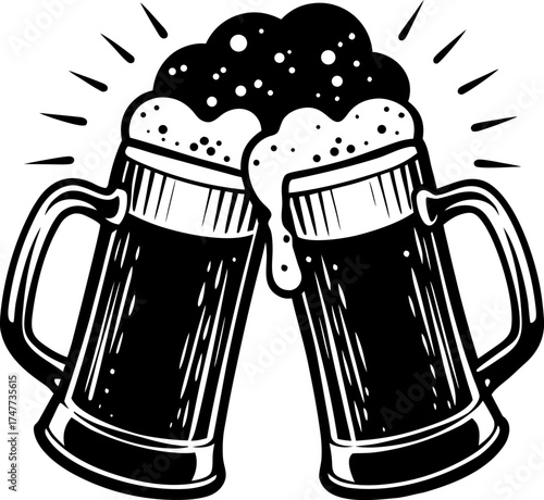 Two frosty beer mugs clinking together, filled with golden beer and foamy white head spilling slightly, condensation droplets on the glass, realistic photography, high detail, cinematic lighting, chee