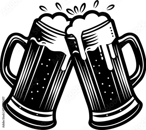 Two frosty beer mugs clinking together, filled with golden beer and foamy white head spilling slightly, condensation droplets on the glass, realistic photography, high detail, cinematic lighting, chee