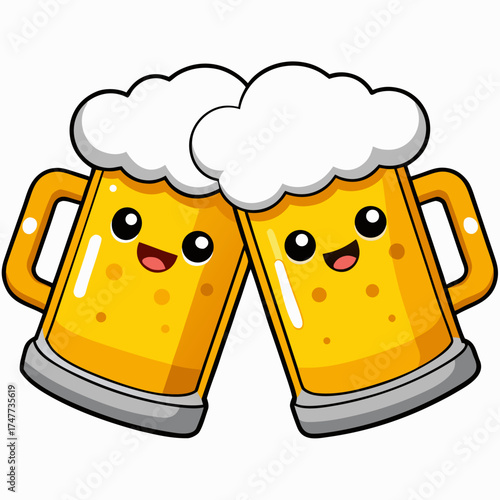 Two frosty beer mugs clinking together, filled with golden beer and foamy white head spilling slightly, condensation droplets on the glass, realistic photography, high detail, cinematic lighting, chee