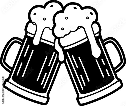 Two frosty beer mugs clinking together, filled with golden beer and foamy white head spilling slightly, condensation droplets on the glass, realistic photography, high detail, cinematic lighting, chee
