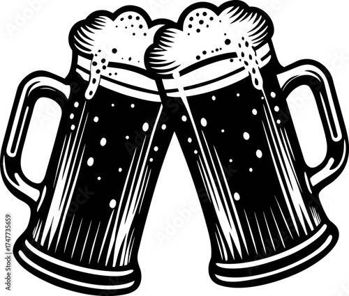 Two frosty beer mugs clinking together, filled with golden beer and foamy white head spilling slightly, condensation droplets on the glass, realistic photography, high detail, cinematic lighting, chee