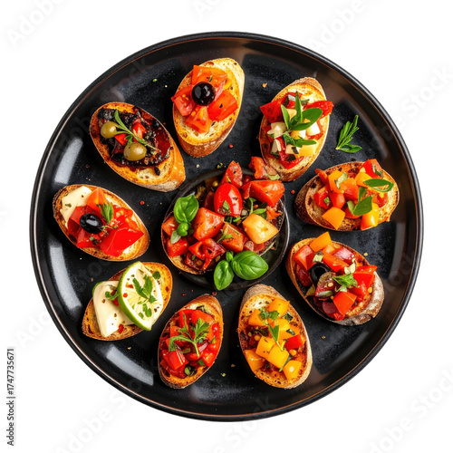 Overhead view of delicious bruschetta assortment on a black plate white background