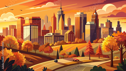 very beautiful Atlanta Skyline at Sunset Autumnal View of Georgia's Capital with Golden Light on Trees