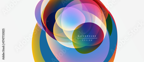 Abstract colorful layers create dynamic circular design. Bright hues blend, forming modern visual experience. Smooth gradients enhance overall aesthetic.