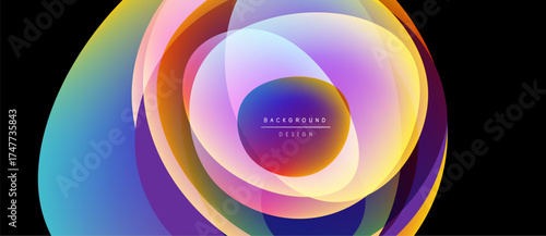 Abstract colorful layers create circular design. Gradient hues blend, forming vibrant visual effect. Modern background element.