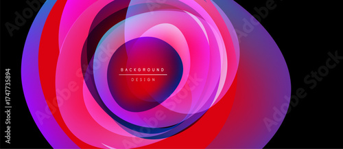 Abstract vibrant layers create dynamic circular composition. Pink, purple, blue hues blend, forming modern background design.