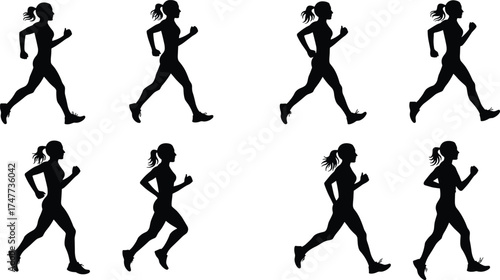 Silhouette of woman jogging and running, fitness training, healthy lifestyle, exercise motivation, sport activity, outdoor workout, female athlete illustration