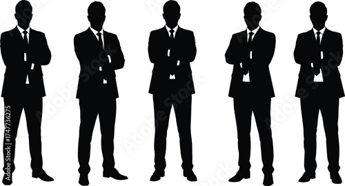 Business men silhouettes in suits with arms crossed, professional posture, corporate team, cad drawing flat vector illustration for stock use
