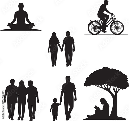 People enjoying outdoor activities with a tree and sunset silhouette
