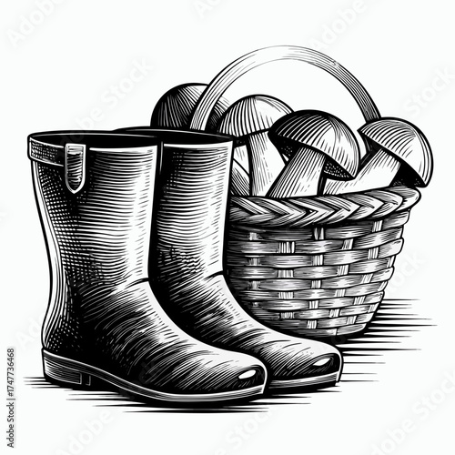 Illustration of rubber boots next to a basket of mushrooms in a foraging concept
