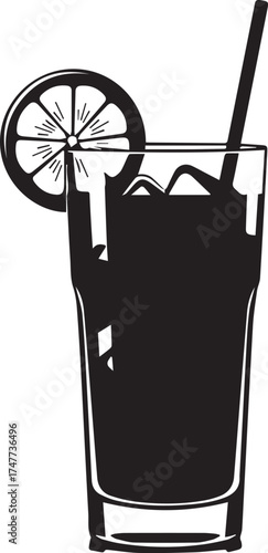 Refreshing tall glass filled with ice cubes and dark beverage garnished with lemon slice and straw vector