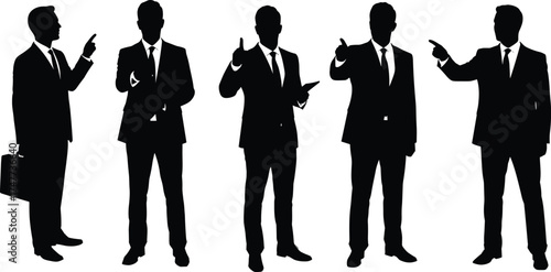 Silhouettes of businessmen in suits holding briefcases and tablets, corporate gestures and poses, flat vector illustration for professional stock content
