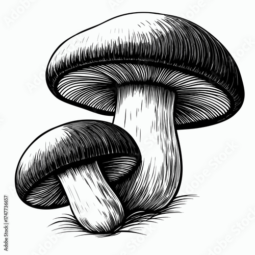 Illustration of two mushrooms in close-up foraging concept