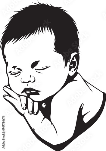 Adorable sleeping newborn baby face resting on hands gentle serene portrait lifestyle childhood innocence vector