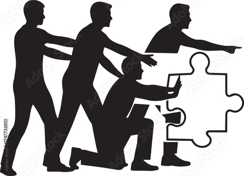 Diverse team collaborating effortlessly to assemble puzzle piece symbolizing success vector