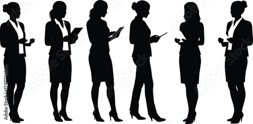 Businesswomen silhouettes in formal attire using mobile devices, corporate female professionals in workplace poses, flat vector illustration for stock content