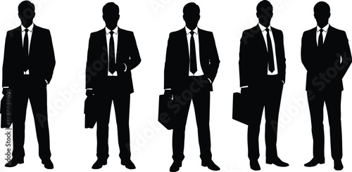 Business team silhouettes in suits holding briefcases, corporate professionals standing confidently, flat vector illustration for office and career concepts