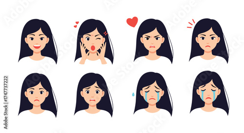 Collection of diverse female facial expressions depicting a range of human emotions including happiness sadness anger and surprise
