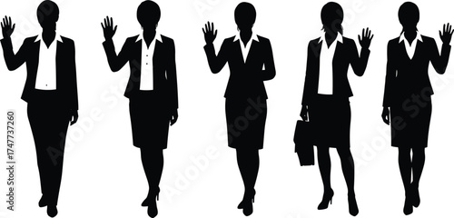 Female business silhouettes waving in office attire, corporate professionals with handbag and blazers, cad drawing flat vector illustration design