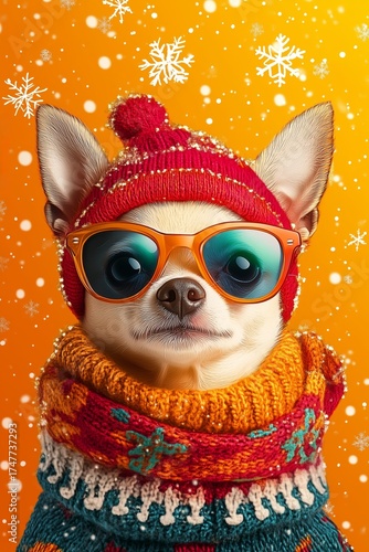 Chihuahua wearing vibrant winter outfit and sunglasses against festive orange backdrop
