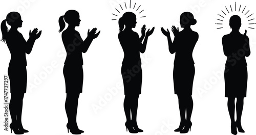 Businesswoman clapping in silhouette style, professional applause gesture concept, corporate recognition moment, cad drawing flat vector illustration design