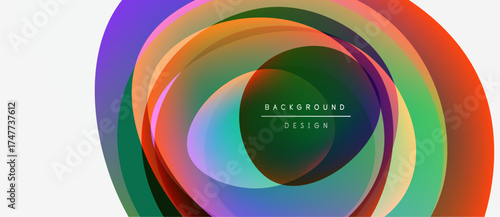 Abstract colorful layers create dynamic circular design. Gradient hues blend, forming modern visual element. Minimalist text present.