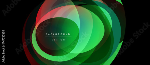Abstract layers create vibrant, flowing shapes. Green, red, blue hues blend seamlessly, forming dynamic composition. Modern design element.