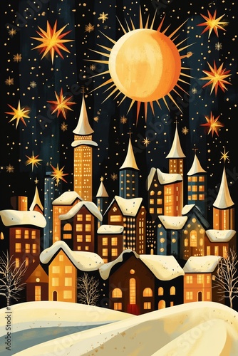 Cozy winter village with starry sky and bright sun above during the holiday season