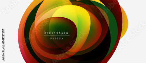 Abstract colorful layers create dynamic circular design. Bright hues blend, forming modern background element. Smooth gradients offer visual interest.