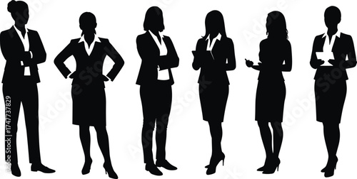 Professional businesswoman silhouettes in corporate attire standing in various poses, ideal for workplace diversity and leadership concept illustrations