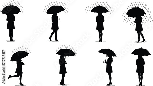 Silhouette women with umbrellas walking in rain, rainy day vector illustration, elegant female figure, black white design concept art