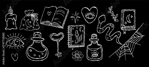 Outline Magical Doodle Hand Drawn. Mystical Potion Bottle, spider web, spell Book, Key, Notebook, Snake, Eye, Candle Set. Isolated whimsical White Textured Drawings on Black Vector Illustration Not AI