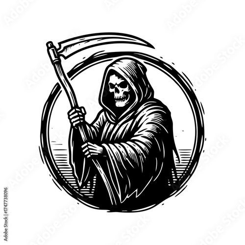 Grim Reaper with Scythe Black and White Illustration