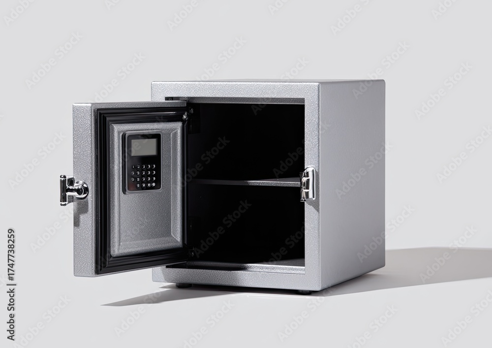 Obraz premium Light gray, square security safe, open, empty interior