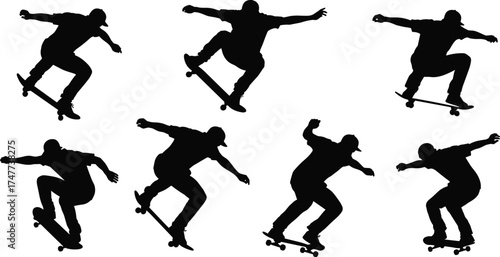Skateboarder silhouette performing tricks, jumping stunts and skating moves, extreme sports illustration, urban street style, active lifestyle concept design