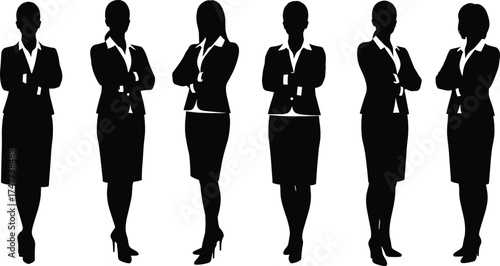 Businesswoman silhouette set with crossed arms, leadership concept, office attire, confident pose, teamwork theme, cad drawing flat vector illustration